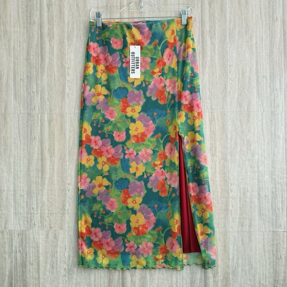 Urban Outfitters Skirt Size Medium Multicolor Stretchy Midi Floral Lined W Slit - Picture 1 of 15